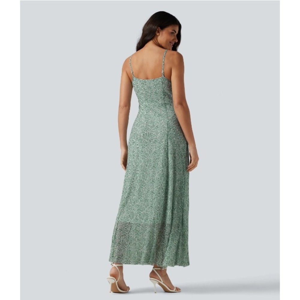 Halara Breezeful Green Polka Dot Maxi Dress Mesh Spaghetti Strap Womens Large - Picture 2 of 12